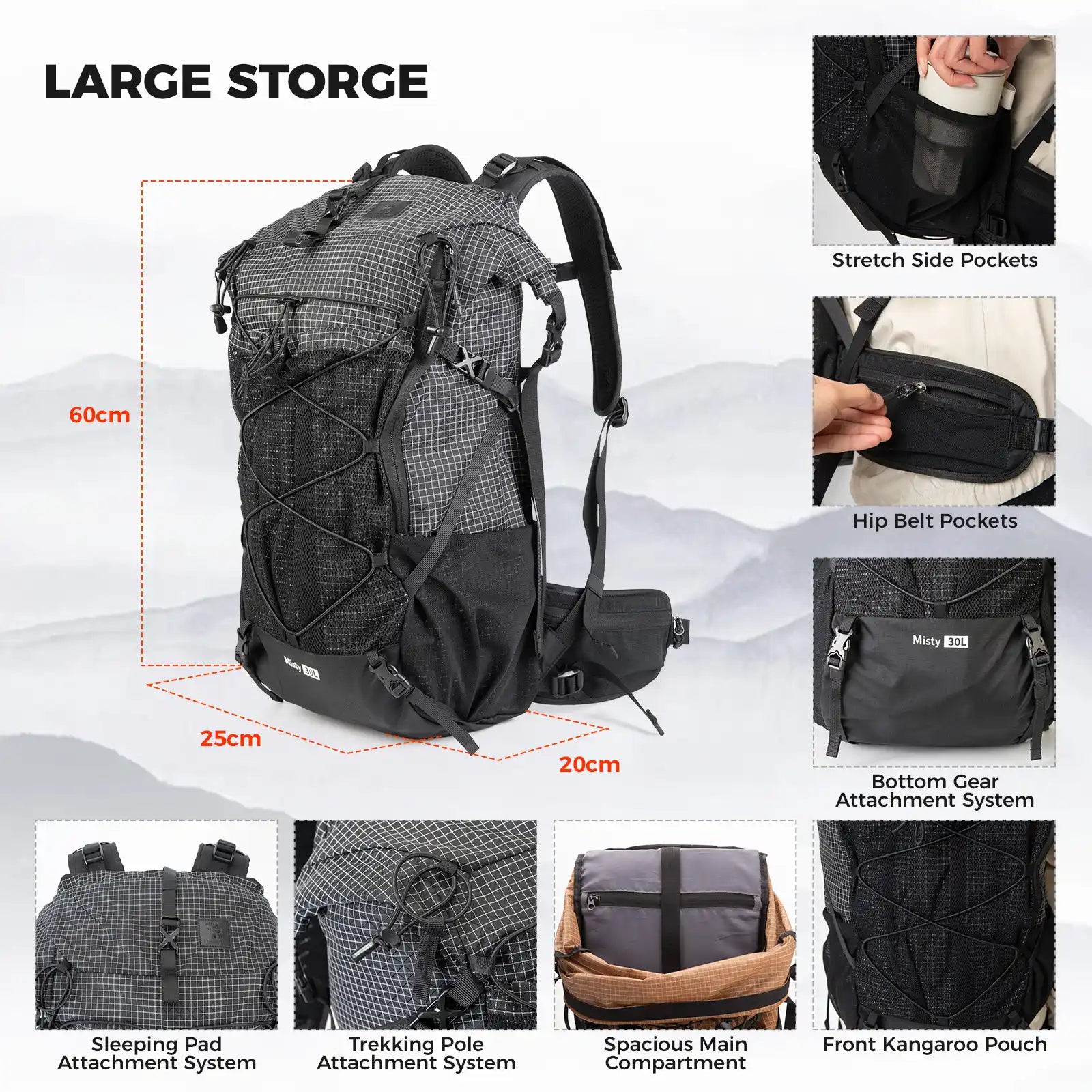 30-35L Lightweight Waterproof Large Hiking Backpack Daypack